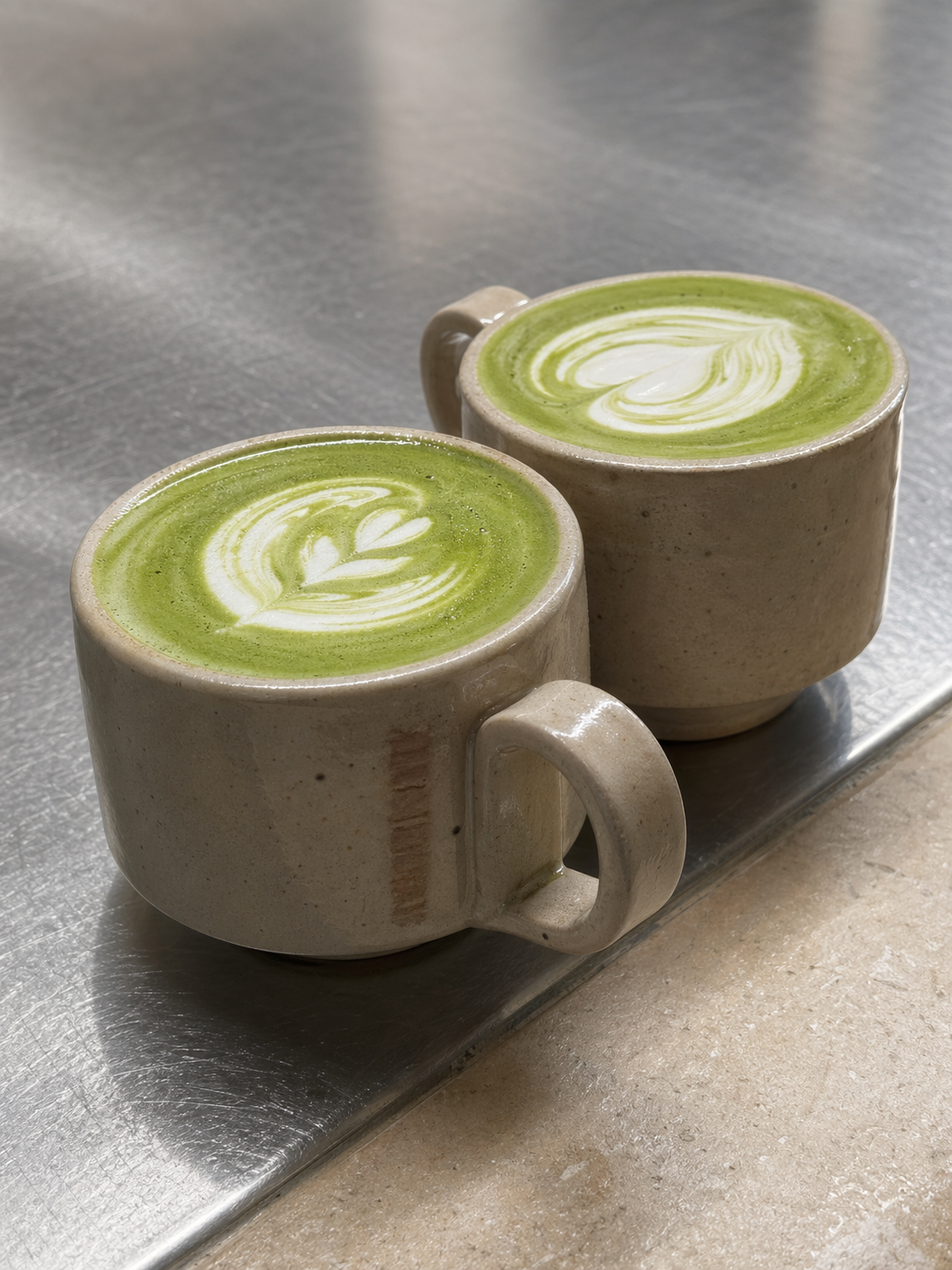 Ceramic matcha drinks on a stainless surface